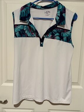 Coral Bay White Sleeveless Polo with Teal & Navy Floral Accents